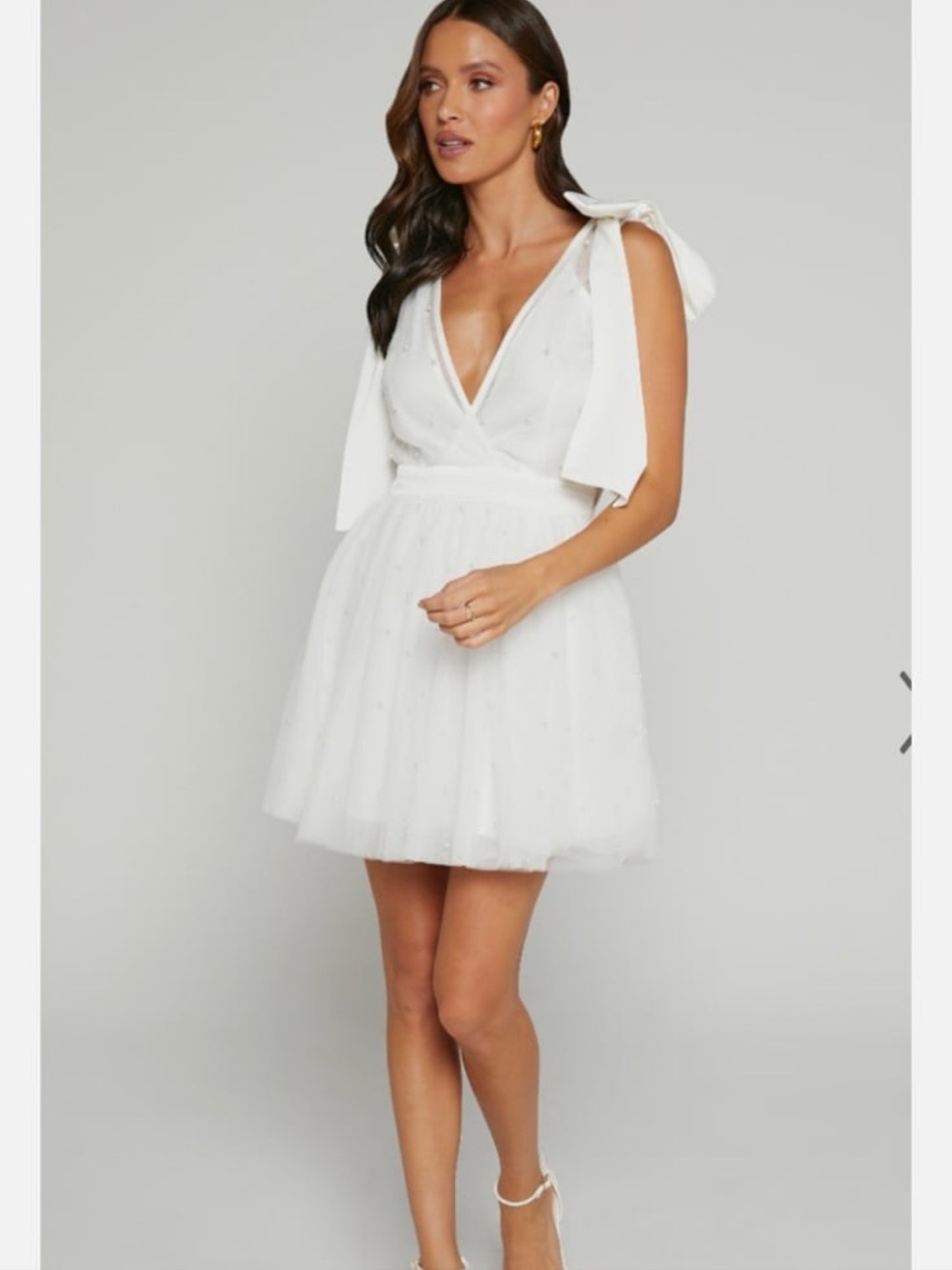 NWT Showpo Karalyn mini dress- bow strap plunge pearl detail size 6